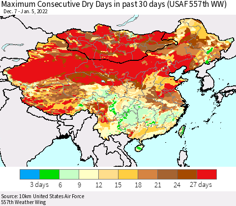 China, Mongolia and Taiwan Maximum Consecutive Dry Days in past 30 days (USAF 557th WW) 01/05/2022 Thematic Map For 1/1/2022 - 1/5/2022