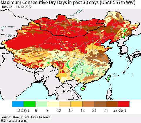 China, Mongolia and Taiwan Maximum Consecutive Dry Days in past 30 days (USAF 557th WW) 01/10/2022 Thematic Map For 1/6/2022 - 1/10/2022
