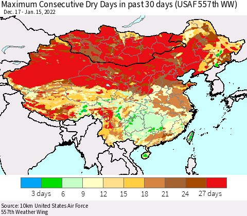 China, Mongolia and Taiwan Maximum Consecutive Dry Days in past 30 days (USAF 557th WW) 01/15/2022 Thematic Map For 1/11/2022 - 1/15/2022