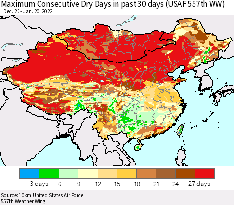 China, Mongolia and Taiwan Maximum Consecutive Dry Days in past 30 days (USAF 557th WW) 01/20/2022 Thematic Map For 1/16/2022 - 1/20/2022