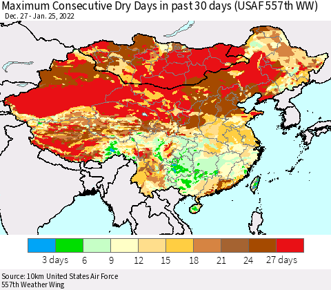 China, Mongolia and Taiwan Maximum Consecutive Dry Days in past 30 days (USAF 557th WW) 01/25/2022 Thematic Map For 1/21/2022 - 1/25/2022