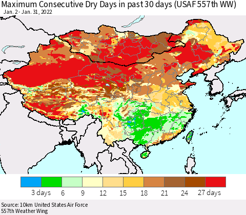 China, Mongolia and Taiwan Maximum Consecutive Dry Days in past 30 days (USAF 557th WW) 01/31/2022 Thematic Map For 1/26/2022 - 1/31/2022