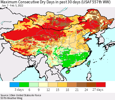 China, Mongolia and Taiwan Maximum Consecutive Dry Days in past 30 days (USAF 557th WW) 02/05/2022 Thematic Map For 2/1/2022 - 2/5/2022