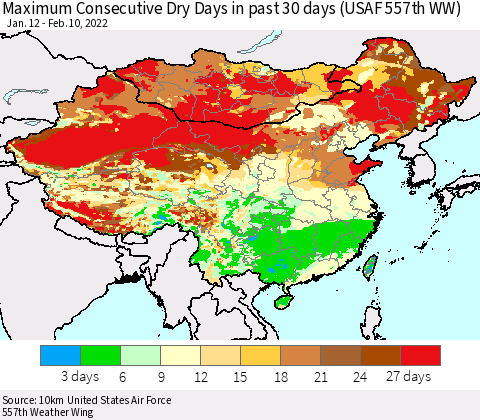 China, Mongolia and Taiwan Maximum Consecutive Dry Days in past 30 days (USAF 557th WW) 02/10/2022 Thematic Map For 2/6/2022 - 2/10/2022