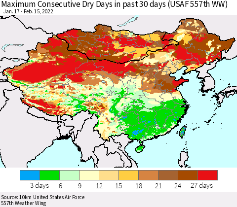 China, Mongolia and Taiwan Maximum Consecutive Dry Days in past 30 days (USAF 557th WW) 02/15/2022 Thematic Map For 2/11/2022 - 2/15/2022