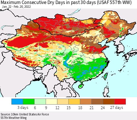 China, Mongolia and Taiwan Maximum Consecutive Dry Days in past 30 days (USAF 557th WW) 02/20/2022 Thematic Map For 2/16/2022 - 2/20/2022