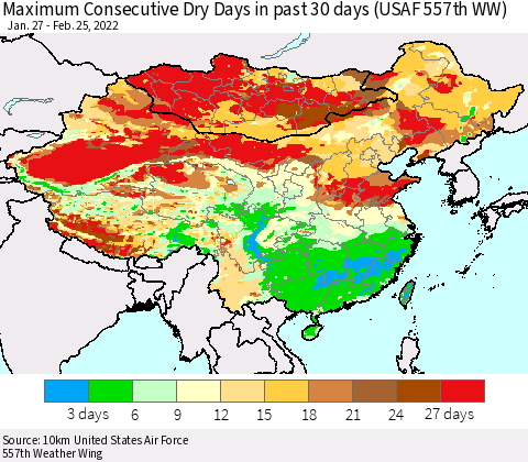 China, Mongolia and Taiwan Maximum Consecutive Dry Days in past 30 days (USAF 557th WW) 02/25/2022 Thematic Map For 2/21/2022 - 2/25/2022