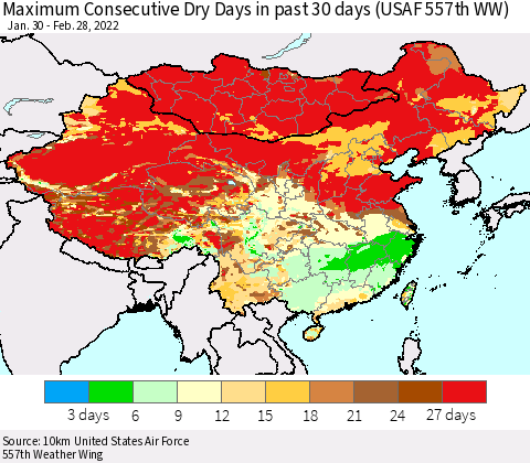 China, Mongolia and Taiwan Maximum Consecutive Dry Days in past 30 days (USAF 557th WW) 02/28/2022 Thematic Map For 2/26/2022 - 2/28/2022