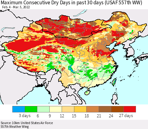 China, Mongolia and Taiwan Maximum Consecutive Dry Days in past 30 days (USAF 557th WW) 03/05/2022 Thematic Map For 3/1/2022 - 3/5/2022