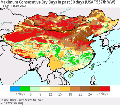 China, Mongolia and Taiwan Maximum Consecutive Dry Days in past 30 days (USAF 557th WW) 03/10/2022 Thematic Map For 3/6/2022 - 3/10/2022