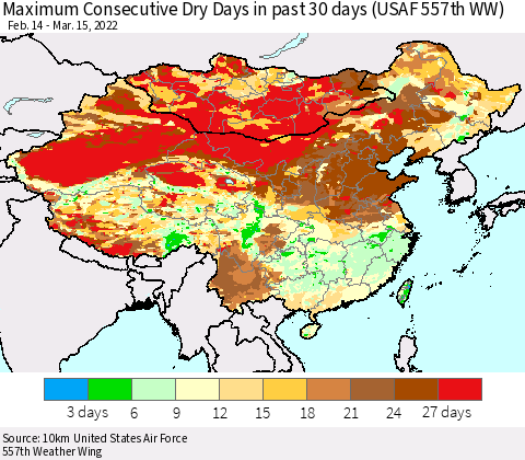 China, Mongolia and Taiwan Maximum Consecutive Dry Days in past 30 days (USAF 557th WW) 03/15/2022 Thematic Map For 3/11/2022 - 3/15/2022