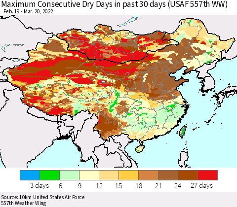 China, Mongolia and Taiwan Maximum Consecutive Dry Days in past 30 days (USAF 557th WW) 03/20/2022 Thematic Map For 3/16/2022 - 3/20/2022