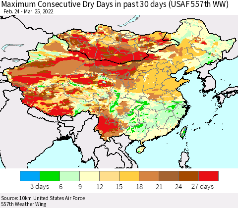China, Mongolia and Taiwan Maximum Consecutive Dry Days in past 30 days (USAF 557th WW) 03/25/2022 Thematic Map For 3/21/2022 - 3/25/2022