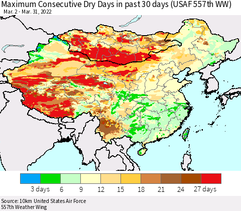 China, Mongolia and Taiwan Maximum Consecutive Dry Days in past 30 days (USAF 557th WW) 03/31/2022 Thematic Map For 3/26/2022 - 3/31/2022