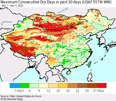 China, Mongolia and Taiwan Maximum Consecutive Dry Days in past 30 days (USAF 557th WW) 04/05/2022 Thematic Map For 4/1/2022 - 4/5/2022