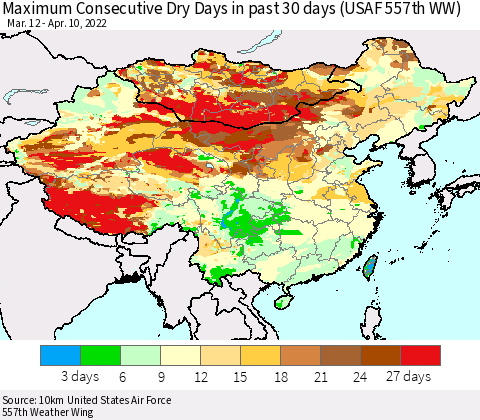 China, Mongolia and Taiwan Maximum Consecutive Dry Days in past 30 days (USAF 557th WW) 04/10/2022 Thematic Map For 4/6/2022 - 4/10/2022