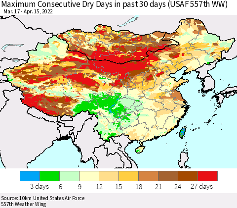 China, Mongolia and Taiwan Maximum Consecutive Dry Days in past 30 days (USAF 557th WW) 04/15/2022 Thematic Map For 4/11/2022 - 4/15/2022