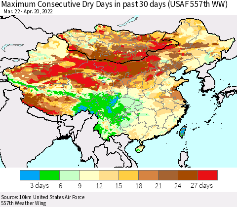 China, Mongolia and Taiwan Maximum Consecutive Dry Days in past 30 days (USAF 557th WW) 04/20/2022 Thematic Map For 4/16/2022 - 4/20/2022