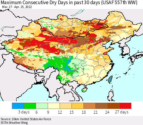 China, Mongolia and Taiwan Maximum Consecutive Dry Days in past 30 days (USAF 557th WW) 04/25/2022 Thematic Map For 4/21/2022 - 4/25/2022