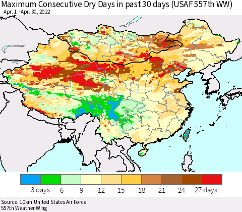 China, Mongolia and Taiwan Maximum Consecutive Dry Days in past 30 days (USAF 557th WW) 04/30/2022 Thematic Map For 4/26/2022 - 4/30/2022