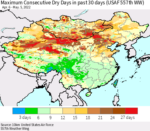 China, Mongolia and Taiwan Maximum Consecutive Dry Days in past 30 days (USAF 557th WW) 05/05/2022 Thematic Map For 5/1/2022 - 5/5/2022