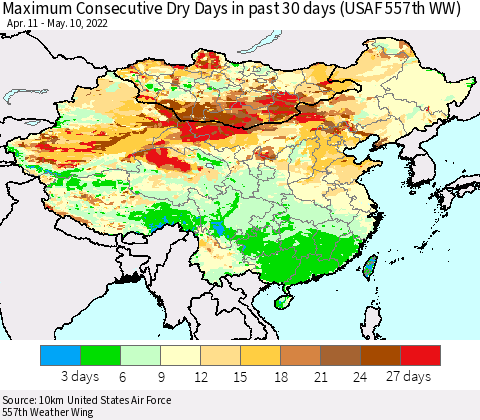China, Mongolia and Taiwan Maximum Consecutive Dry Days in past 30 days (USAF 557th WW) 05/10/2022 Thematic Map For 5/6/2022 - 5/10/2022
