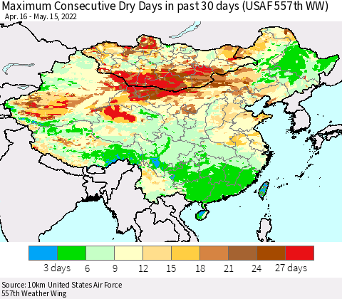 China, Mongolia and Taiwan Maximum Consecutive Dry Days in past 30 days (USAF 557th WW) 05/15/2022 Thematic Map For 5/11/2022 - 5/15/2022