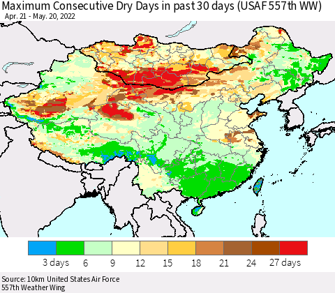 China, Mongolia and Taiwan Maximum Consecutive Dry Days in past 30 days (USAF 557th WW) 05/20/2022 Thematic Map For 5/16/2022 - 5/20/2022