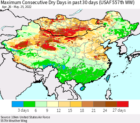 China, Mongolia and Taiwan Maximum Consecutive Dry Days in past 30 days (USAF 557th WW) 05/25/2022 Thematic Map For 5/21/2022 - 5/25/2022