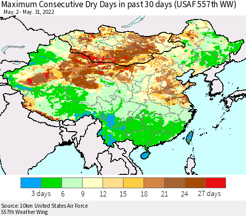 China, Mongolia and Taiwan Maximum Consecutive Dry Days in past 30 days (USAF 557th WW) 05/31/2022 Thematic Map For 5/26/2022 - 5/31/2022