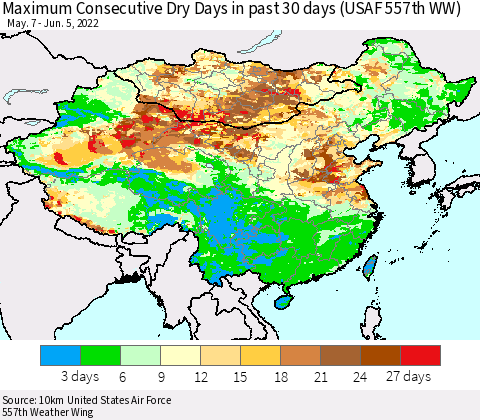 China, Mongolia and Taiwan Maximum Consecutive Dry Days in past 30 days (USAF 557th WW) 06/05/2022 Thematic Map For 6/1/2022 - 6/5/2022