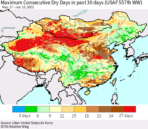 China, Mongolia and Taiwan Maximum Consecutive Dry Days in past 30 days (USAF 557th WW) 06/15/2022 Thematic Map For 6/11/2022 - 6/15/2022