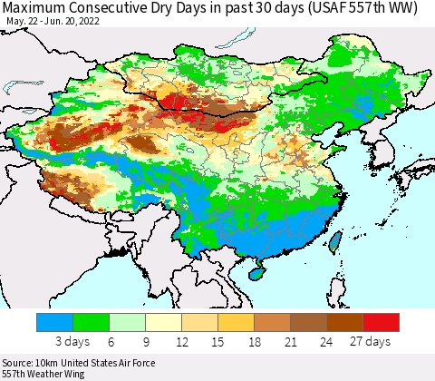 China, Mongolia and Taiwan Maximum Consecutive Dry Days in past 30 days (USAF 557th WW) 06/20/2022 Thematic Map For 6/16/2022 - 6/20/2022