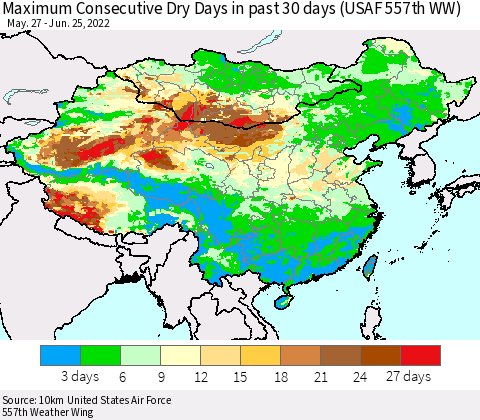 China, Mongolia and Taiwan Maximum Consecutive Dry Days in past 30 days (USAF 557th WW) 06/25/2022 Thematic Map For 6/21/2022 - 6/25/2022