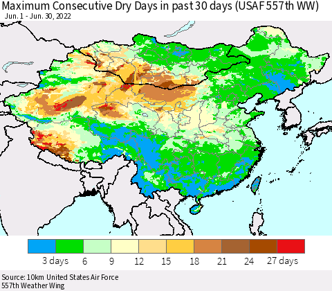 China, Mongolia and Taiwan Maximum Consecutive Dry Days in past 30 days (USAF 557th WW) 06/30/2022 Thematic Map For 6/26/2022 - 6/30/2022