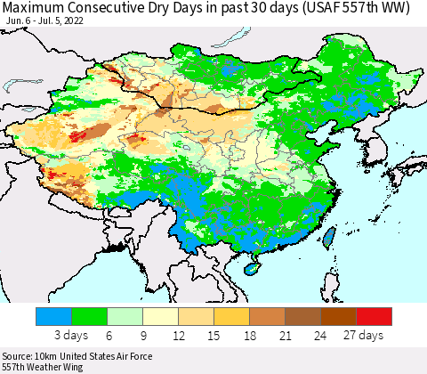 China, Mongolia and Taiwan Maximum Consecutive Dry Days in past 30 days (USAF 557th WW) 07/05/2022 Thematic Map For 7/1/2022 - 7/5/2022