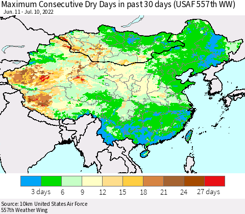 China, Mongolia and Taiwan Maximum Consecutive Dry Days in past 30 days (USAF 557th WW) 07/10/2022 Thematic Map For 7/6/2022 - 7/10/2022