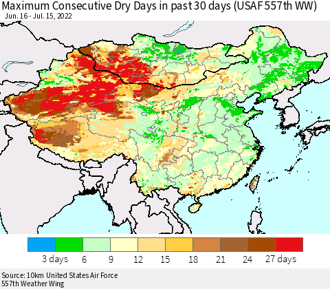 China, Mongolia and Taiwan Maximum Consecutive Dry Days in past 30 days (USAF 557th WW) 07/15/2022 Thematic Map For 7/11/2022 - 7/15/2022