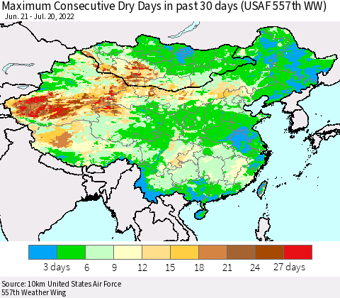 China, Mongolia and Taiwan Maximum Consecutive Dry Days in past 30 days (USAF 557th WW) 07/20/2022 Thematic Map For 7/16/2022 - 7/20/2022