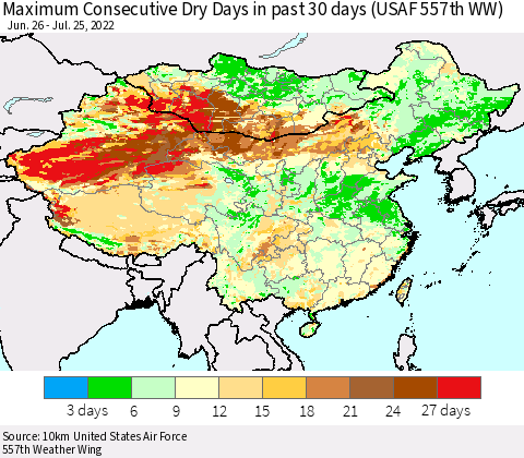 China, Mongolia and Taiwan Maximum Consecutive Dry Days in past 30 days (USAF 557th WW) 07/25/2022 Thematic Map For 7/21/2022 - 7/25/2022