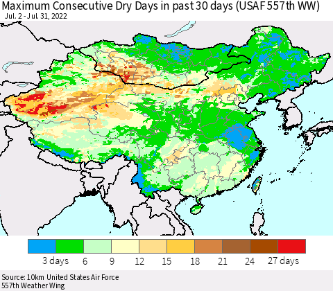 China, Mongolia and Taiwan Maximum Consecutive Dry Days in past 30 days (USAF 557th WW) 07/31/2022 Thematic Map For 7/26/2022 - 7/31/2022