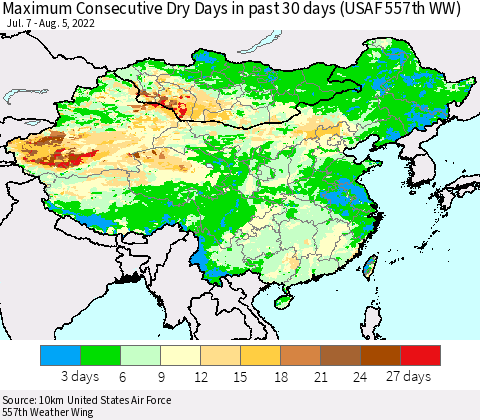 China, Mongolia and Taiwan Maximum Consecutive Dry Days in past 30 days (USAF 557th WW) 08/05/2022 Thematic Map For 8/1/2022 - 8/5/2022
