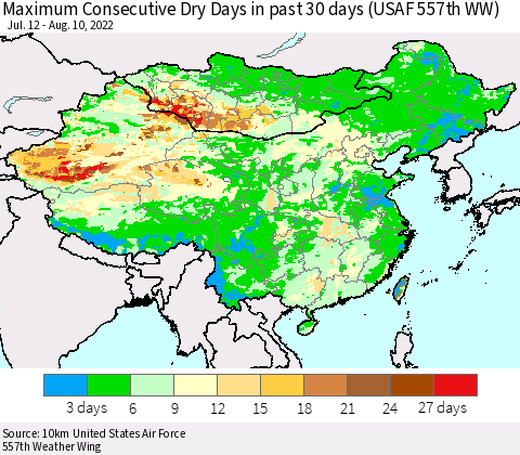 China, Mongolia and Taiwan Maximum Consecutive Dry Days in past 30 days (USAF 557th WW) 08/10/2022 Thematic Map For 8/6/2022 - 8/10/2022