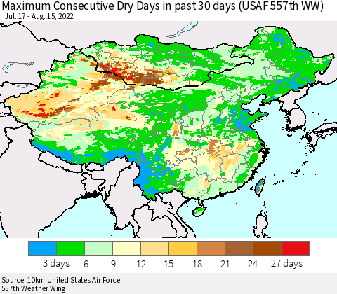 China, Mongolia and Taiwan Maximum Consecutive Dry Days in past 30 days (USAF 557th WW) 08/15/2022 Thematic Map For 8/11/2022 - 8/15/2022