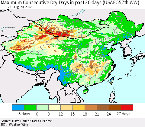 China, Mongolia and Taiwan Maximum Consecutive Dry Days in past 30 days (USAF 557th WW) 08/20/2022 Thematic Map For 8/16/2022 - 8/20/2022