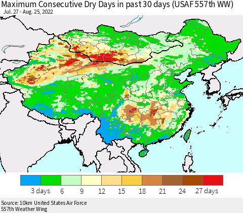 China, Mongolia and Taiwan Maximum Consecutive Dry Days in past 30 days (USAF 557th WW) 08/25/2022 Thematic Map For 8/21/2022 - 8/25/2022
