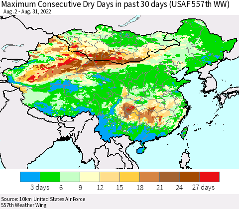 China, Mongolia and Taiwan Maximum Consecutive Dry Days in past 30 days (USAF 557th WW) 08/31/2022 Thematic Map For 8/26/2022 - 8/31/2022
