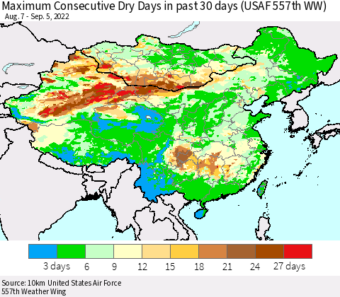 China, Mongolia and Taiwan Maximum Consecutive Dry Days in past 30 days (USAF 557th WW) 09/05/2022 Thematic Map For 9/1/2022 - 9/5/2022