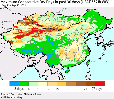 China, Mongolia and Taiwan Maximum Consecutive Dry Days in past 30 days (USAF 557th WW) 09/10/2022 Thematic Map For 9/6/2022 - 9/10/2022