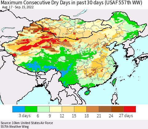 China, Mongolia and Taiwan Maximum Consecutive Dry Days in past 30 days (USAF 557th WW) 09/15/2022 Thematic Map For 9/11/2022 - 9/15/2022